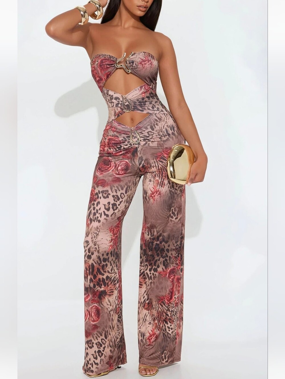 Strapless Floral Leopard Cutout Jumpsuit with Gold Hardware